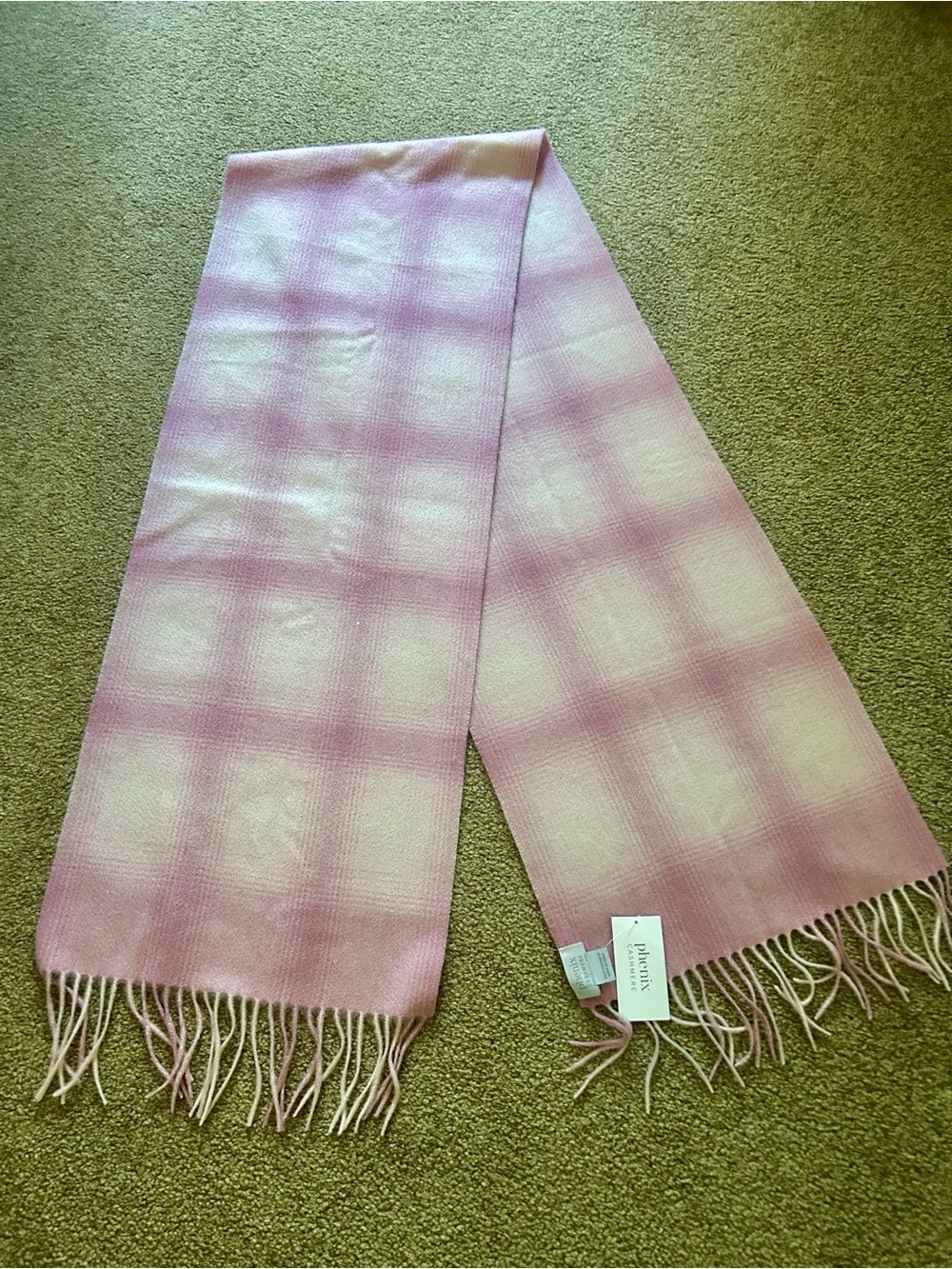 NWT Phenix 100% Cashmere Pale Pink Windowpane fringe scarf
